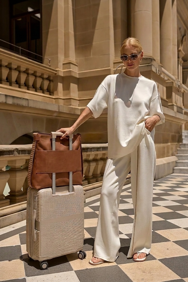 Woman with a cognac Heiych H-Convert on her suitcase