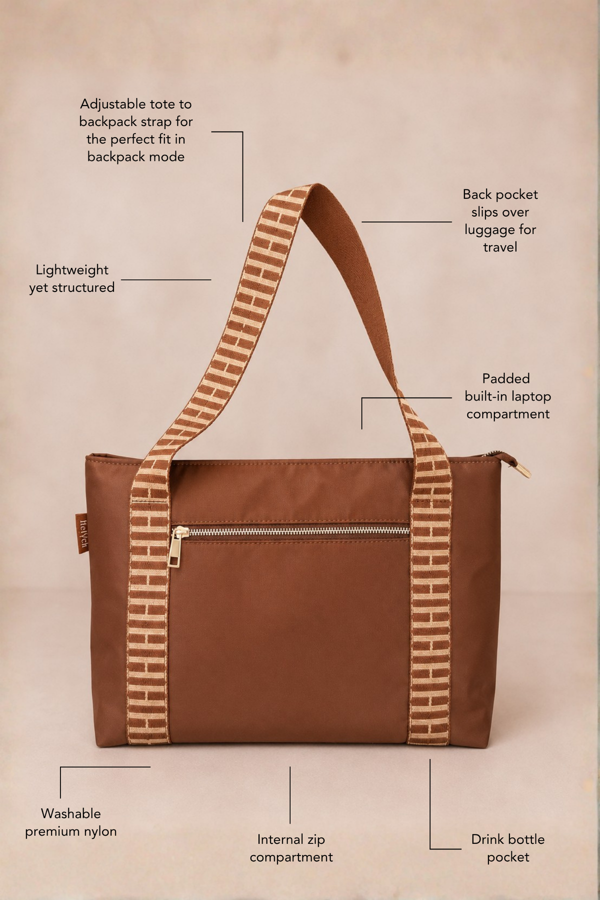 A brown cognac tan tote bag with striped adjustable shoulder straps, shown on a beige background with callout lines and text describing features such as backpack mode, laptop compartment, and drink bottle pocket.