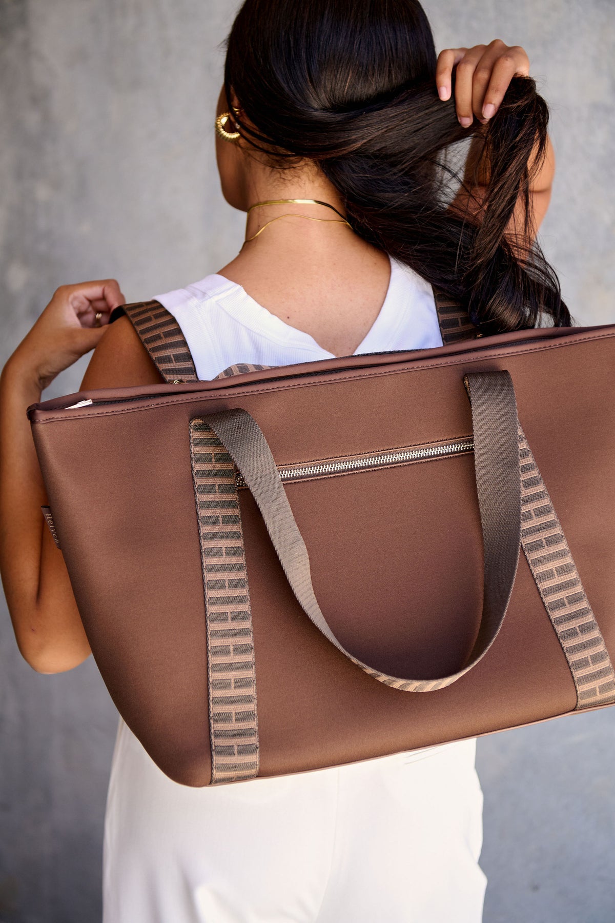 Chocolate brown carry all convertible tote backpack bag in neoprene XL with adjustable straps