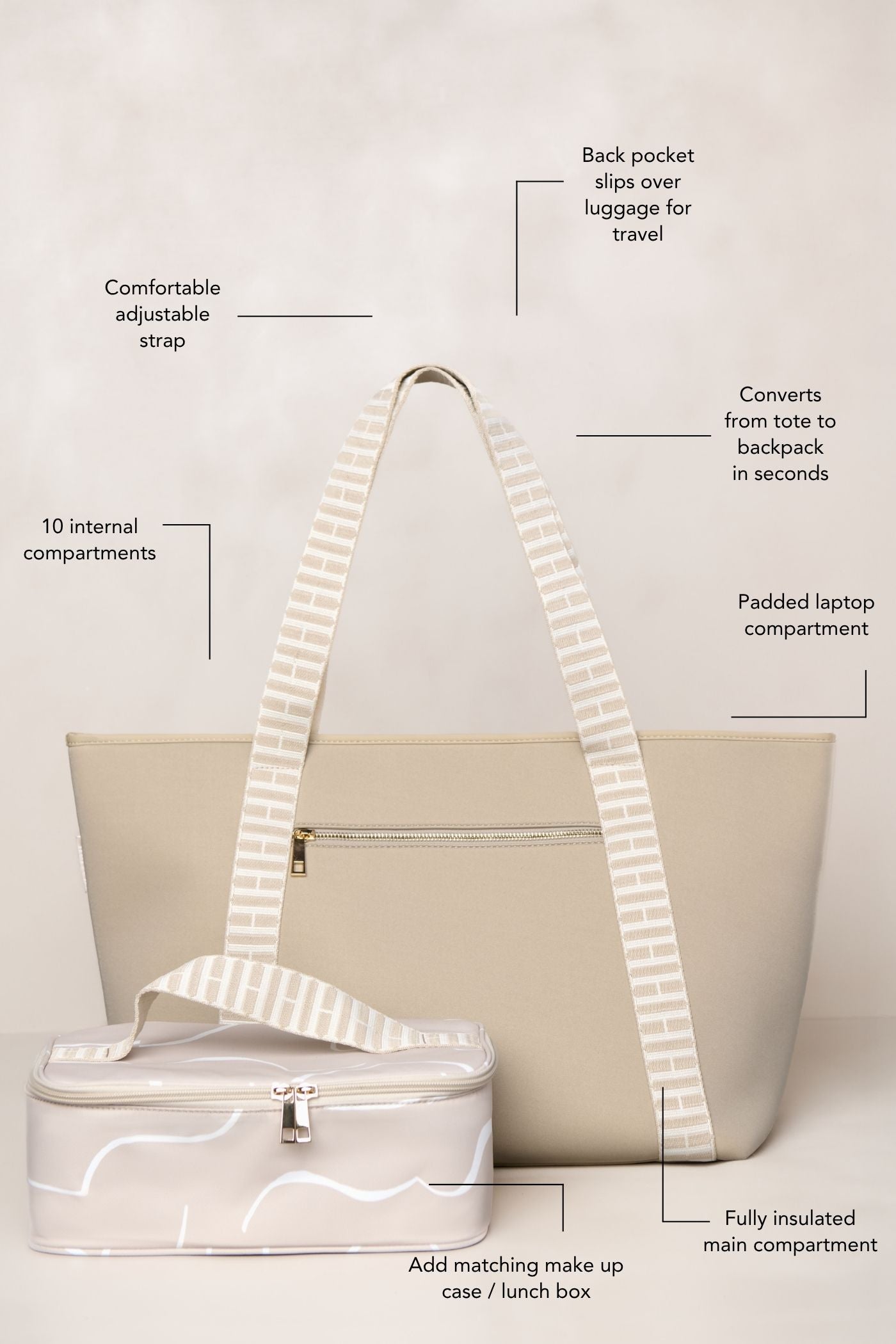 Beige taupe tote bag with adjustable strap and insulated main compartment on a light gray background
