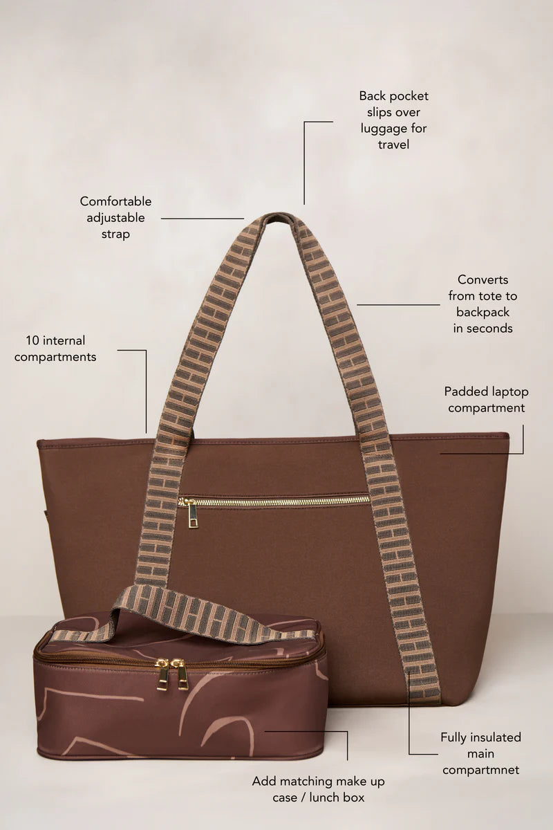 Chocolate brown carry all convertible tote backpack bag in neoprene XL with adjustable straps fits laptop 