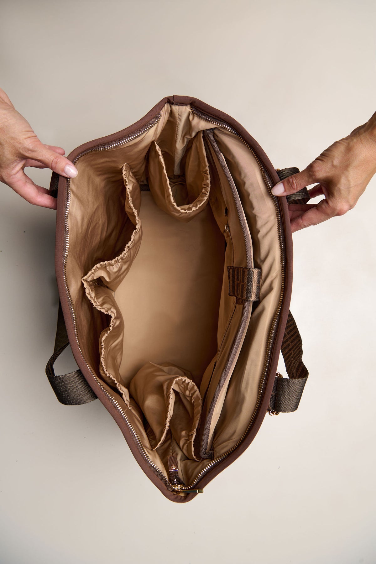 Chocolate brown carry all convertible tote backpack bag in neoprene XL with adjustable straps inside compartments