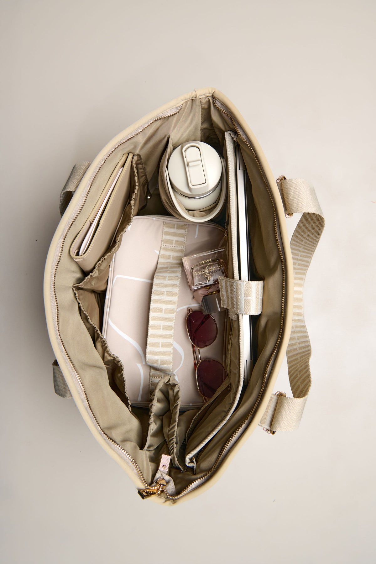 Taupe carry all bag compartments packed
